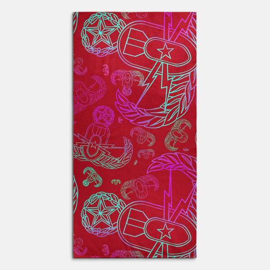 Print On Demand - Beach Towel - "EOD Mixed Badges" (Multicolor on Red)