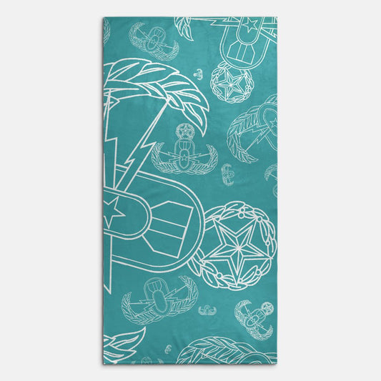 Print On Demand - Beach Towel - "EOD Mixed Badges" (White on Turquoise)