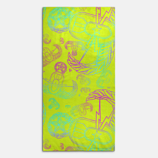Print On Demand - Beach Towel - "EOD Mixed Badges" (Multicolor on Yellow)