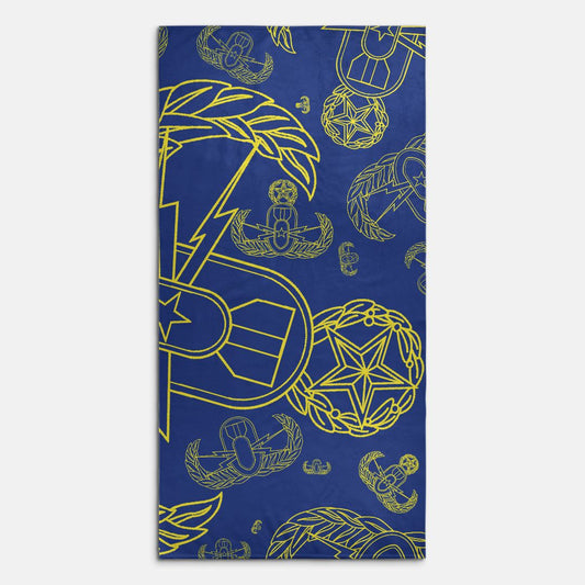 Print On Demand  - Beach Towel - "EOD Mixed Badges" (Yellow on Blue)